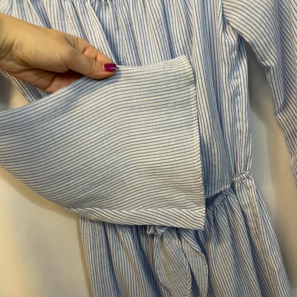 L'Academie Blue Stripe Bell Sleeve Off Shoulder Front Cut Out Tie Dress XS - Picture 4 of 6